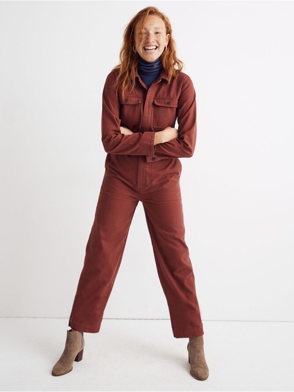 Madewell Garment-Dyed Denim Slim Coverall Jumpsuit in a rich burgundy shade XS